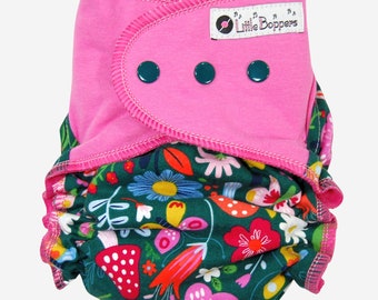 Cloth Diaper or Cover Made to Order - Punchy Garden - You Pick Size and Style - Bright Pink Floral Mushrooms Butterflies on Hunter Green