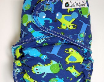 Custom Cloth Diaper or Cover - Blue Monsters - You Pick Size & Style - Reusable Diaper or Cover, Nappy or Wrap - Blues, Lime, Aqua