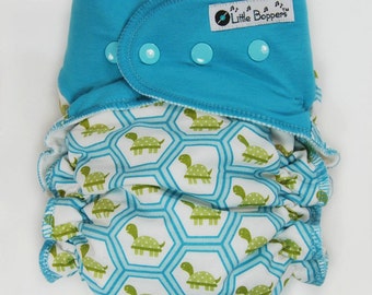 Made to Order Cloth Diaper or Cover - Honeycomb Turtles (Woven) with Aqua Bamboo Stretchy Wings - Turtle Print - Custom Nappy