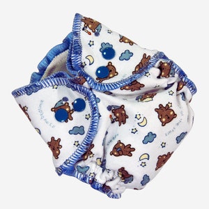 Ready to Ship Big Newborn Cloth Diaper - 8-18 lbs - Bedtime Bears - Hidden-PUL AI2 Nappy - Sleepy Teddy Bears, Stars, Moons - New Baby Gift