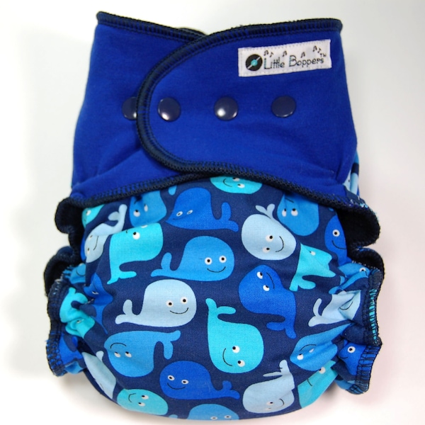 Custom Cloth Diaper or Cover - Winsome Whales (Woven) with Royal Blue Stretchy Wings - Made to Order Nappy or Wrap - You Pick Size and Style