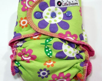 Custom Cloth Diaper or Cover - Lime Green Mod Floral - You Pick Size and Style - Bright Flowers - Diaper or Cover, Nappy or Wrap