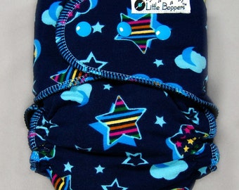 Cloth Diaper or Cover Made to Order - Starry Night - You Pick Size & Style - Custom Nappy - Navy Aqua - Celestial Stars - Rainbow Star Print