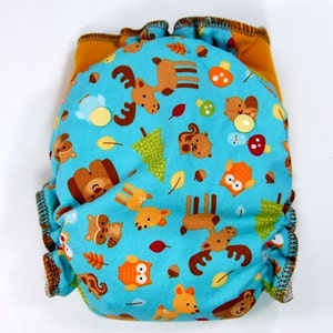 Custom Cloth Diaper or Cover Made to Order Forest Friends Woven with Goldenrod Cotton/Lycra Jersey Wings Nappy or Wrap image 3