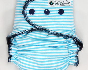 Cloth Diaper or Cover Made to Order - Light Blue and White Mini Stripes with Navy Trim- You Pick Size Style- Custom Nappy or Wrap- Free ship