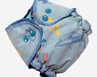 Ready to Ship Big Newborn Cloth Diaper - 8-18 lbs - Sharks & Swimmers Hidden-PUL AI2 Nappy - Reusable, Washable - New Baby Gift