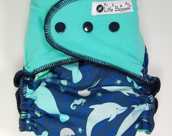 Custom Cloth Diaper or Cover - Dolphins and Friends (Woven) with Mint Stretchy Wings - Manatee, Turtles, Florida Marine Life - You Pick Size