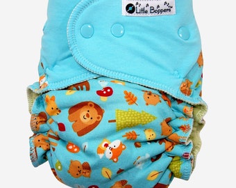 Custom Cloth Diaper or Cover Made to Order - Forest Friends (Woven) with Robin's Egg Blue Cotton/Lycra Jersey Wings - Nappy or Wrap