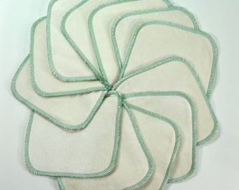 Thick Baby Washcloths - Set of 12 Bamboo Velour / Cotton Sherpa / Green Trim - Best Cloth Diaper Wipes - Boy Girl or Gender Unknown - Gift