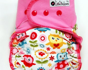 Custom Cloth Diaper or Cover - Play Day Owls (Woven) with Pink Stretchy Wings - Made to Order Nappy or Wrap - You Pick Size and Style