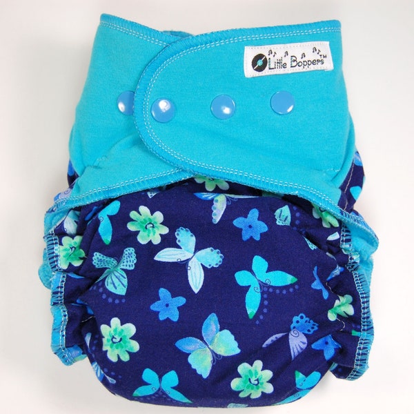 Custom Cloth Diaper or Cover - Blue Butterflies (Woven) with Teal Stretchy Wings - Made to Order Nappy or Wrap - You Pick Size and Style