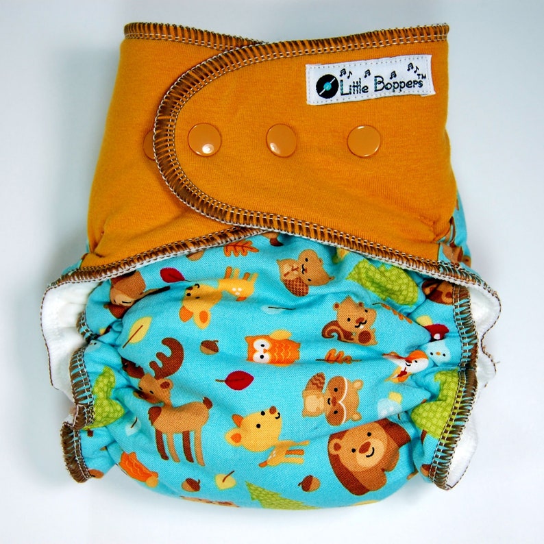 Custom Cloth Diaper or Cover Made to Order Forest Friends Woven with Goldenrod Cotton/Lycra Jersey Wings Nappy or Wrap image 7