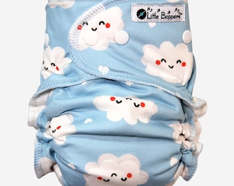 Made to Order Coth Diaper or Cover - Happy Clouds - You Pick Size and Style - Double Brushed Poly Lycra - Light Blue DBP cloudy sky