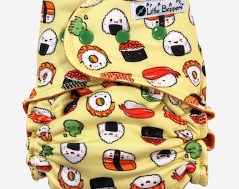 Made to Order Coth Diaper or Cover - Smiling Sushi - You Pick Size and Style - Double Brushed Poly Lycra