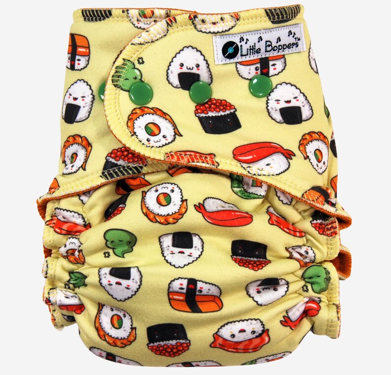 Made to Order Coth Diaper or Cover Smiling Sushi You Pick Size and Style Double Brushed Poly Lycra image 1