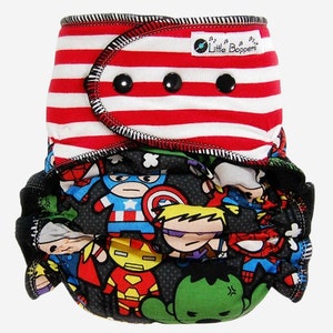 Custom Cloth Diaper or Cover Combo Print Superheroes Woven Cotton with Red and White Knit Stripes Kawaii Diaper Nappy or Wrap Heroes image 1