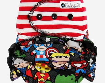 Custom Cloth Diaper or Cover -  Combo Print Superheroes Woven Cotton with Red and White Knit Stripes - Kawaii Diaper Nappy or Wrap - Heroes