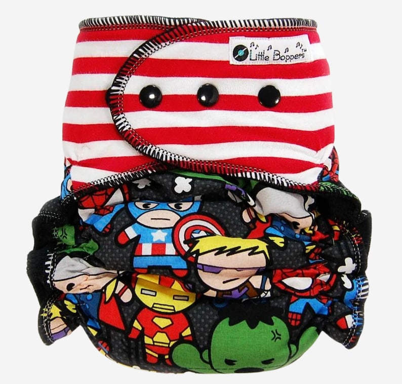 Custom Cloth Diaper or Cover Combo Print Superheroes Woven Cotton with Red and White Knit Stripes Kawaii Diaper Nappy or Wrap Heroes image 1