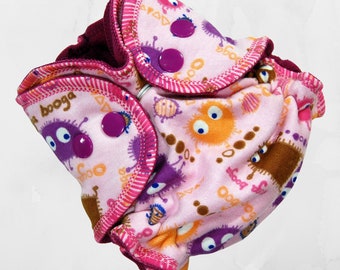 Newborn Cloth Diaper Cover (or AI2) - 6-15 lbs - Pink Ooga Booga -Size Nb - WindBloc Fleece - Ready to Ship - Baby Girl Gift