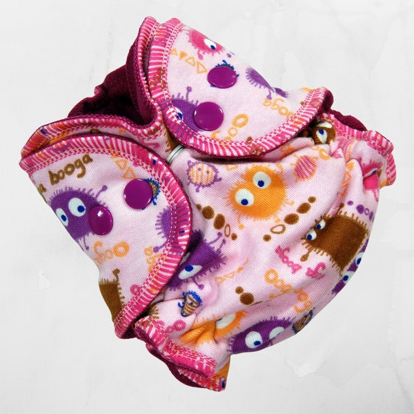 Newborn Cloth Diaper Cover (or AI2) - 6-15 lbs - Pink Ooga Booga -Size Nb - WindBloc Fleece - Ready to Ship - Baby Girl Gift