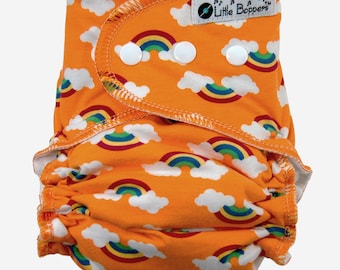 Custom Cloth Diaper or Cover - Tangerine 1981 - Orange with Rainbows and Clouds - Made to Order Nappy or Wrap - Reusable Washable