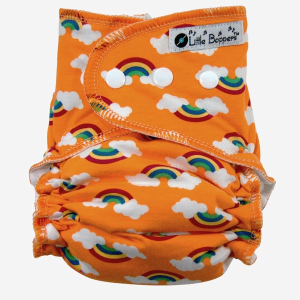 Custom Cloth Diaper or Cover - Tangerine 1981 - Orange with Rainbows and Clouds - Made to Order Nappy or Wrap - Reusable Washable