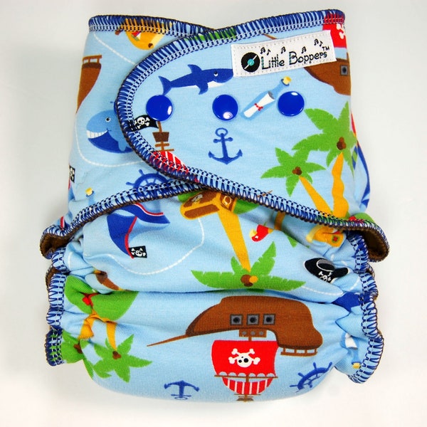 Cloth Diaper or Cover Made to Order - Pirate Ships - You Pick Size and Style - Custom Nappy or Wrap - Sharks Treasure Pirates on Blue