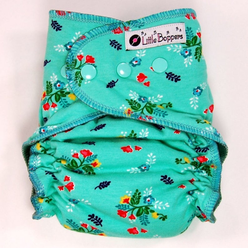 Custom Cloth Diaper or Cover Made to Order Vintage Market Floral Free Shipping You Pick Size and Style Aqua Mint Flowers image 2