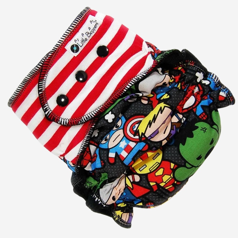 Custom Cloth Diaper or Cover Combo Print Superheroes Woven Cotton with Red and White Knit Stripes Kawaii Diaper Nappy or Wrap Heroes image 8