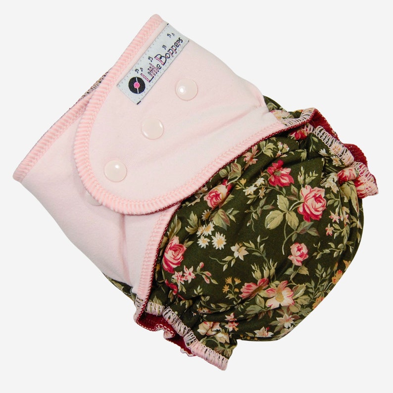Custom Cloth Diaper or Cover Olivia Woven Floral with Stretchy Pink Wings Made to Order Nappy or Wrap You Pick Size Roses on Green image 9