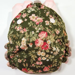 Custom Cloth Diaper or Cover Olivia Woven Floral with Stretchy Pink Wings Made to Order Nappy or Wrap You Pick Size Roses on Green image 2