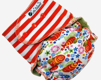 Cloth Diaper M/L Ready to Ship - 15-30 lbs - Medium Long AI2 with Wind Pro fleece - Combo Print: Goldfish and Orange/White Stripes - Striped