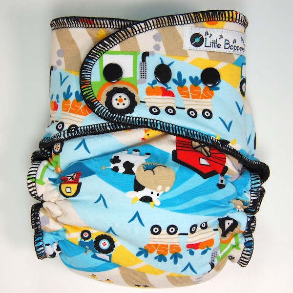 Cloth Diaper or Cover Made to Order - Farm Life Blue - You Pick Size and Style - Custom Nappy or Wrap - Tractor Barn Chicken Cow Farmer