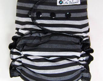 Cloth Diaper or Cover Made to Order - Black and Grey Vari Stripes - You Pick Size & Style - Swim Knit - Custom Nappy - Black Gray Striped