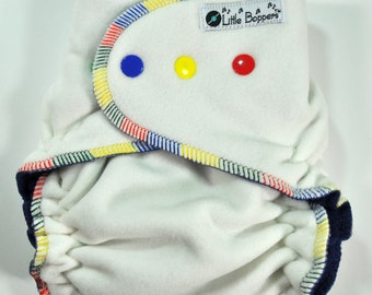 Cloth Diaper Cover - Wind Pro Fleece - White with Rainbow Trim - Made to Order - You Pick Size - Best Wrap Cover Overnight