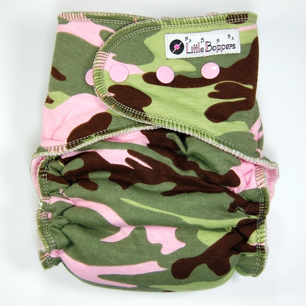 Custom Cloth Diaper or Cover - Touch of Pink Camo - You Pick Size and Style - Made to Order Nappy or Wrap - Pink and Green Camouflage -Cammo