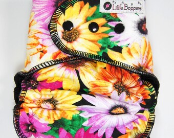 Custom Cloth Diaper or Cover - Electric Flowers - You Pick Size & Style - Made to Order Nappy - Bright Colors Floral on Black