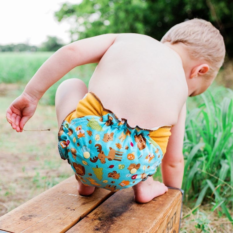 Custom Cloth Diaper or Cover Made to Order Forest Friends Woven with Goldenrod Cotton/Lycra Jersey Wings Nappy or Wrap image 1