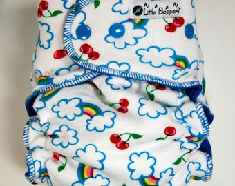Custom Cloth Diaper or Cover - Cherry Rainbows - You Pick Size and Style - Made to Order Nappy or Wrap - AI2, Hybrid, Cover- Cherries Clouds