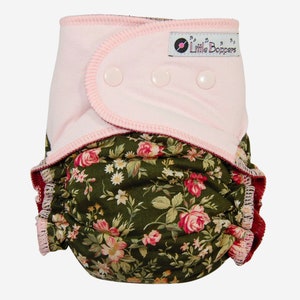 Custom Cloth Diaper or Cover Olivia Woven Floral with Stretchy Pink Wings Made to Order Nappy or Wrap You Pick Size Roses on Green image 1