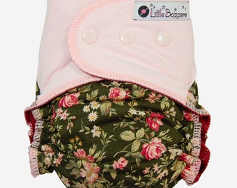 Custom Cloth Diaper or Cover - "Olivia" Woven Floral with Stretchy Pink Wings - Made to Order Nappy or Wrap - You Pick Size - Roses on Green