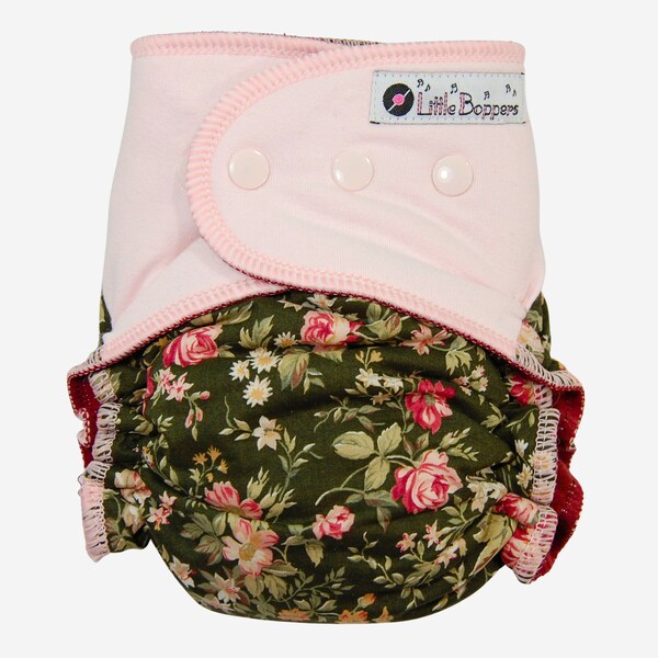 Custom Cloth Diaper or Cover - "Olivia" Woven Floral with Stretchy Pink Wings - Made to Order Nappy or Wrap - You Pick Size - Roses on Green