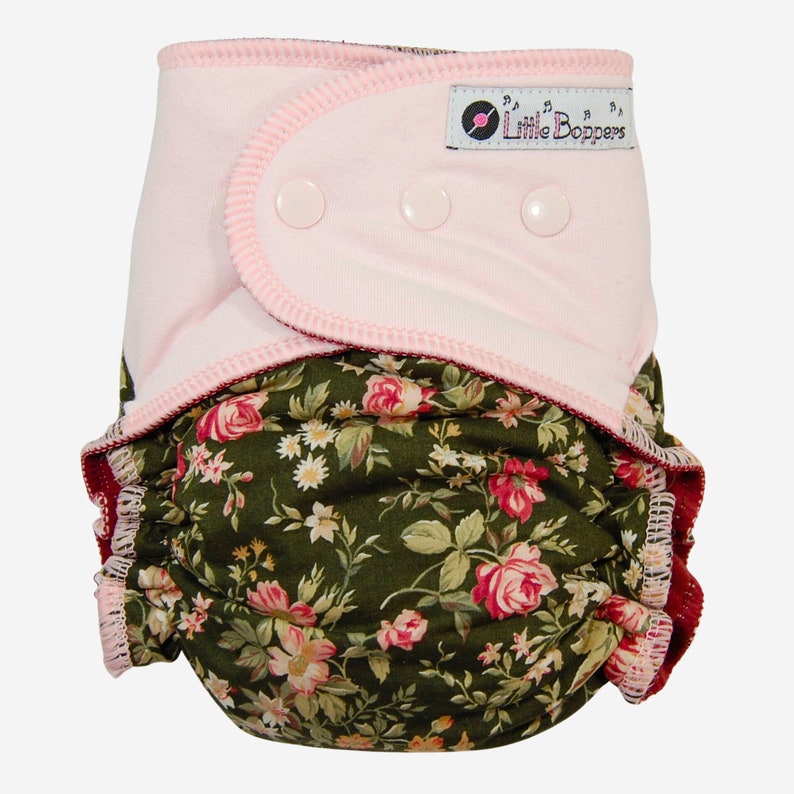 Custom Cloth Diaper or Cover Olivia Woven Floral with Stretchy Pink Wings Made to Order Nappy or Wrap You Pick Size Roses on Green image 1