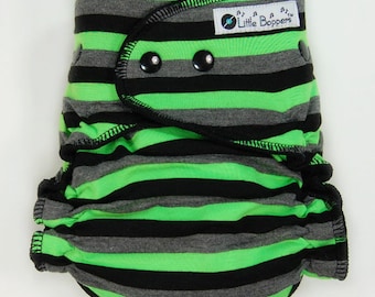 Cloth Diaper or Cover Made to Order - Lime Black Grey Stripes - You Pick Size and Style - Custom Nappy or Wrap - Lime Green, Gray, Striped