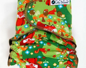 Custom Cloth Diaper or Cover - Fox and Friends Green - You Pick Size & Style - Made to Order Nappy - Foxes Mushrooms Woodland