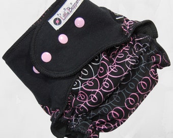 Cloth Diaper Cover (or AI2) - 15-30 lbs - Loopy Ribbon Hearts on Black - Size M/L - WindPro - Medium/Long -You Pick Cover or Diaper