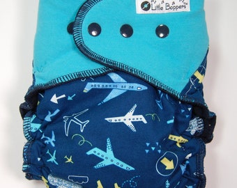 Custom Cloth Diaper or Cover - Flight Pattern (Woven) with Teal Blue Stretchy Wings - Airplanes - Made to Order - You Pick Size & Style