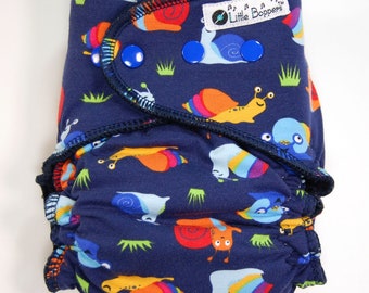 Made to Order Coth Diaper or Cover - Snailed It - You Pick Size and Style - Colorful Snails on Navy Blue Background - Custom Nappy or Wrap