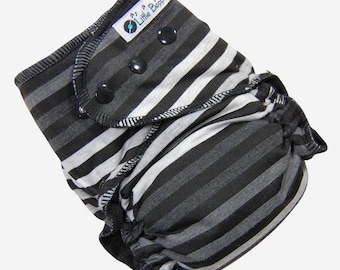 Ready to Ship Cloth Diaper -15-30 lbs - Black and Grey Vari Stripes - Medium / Long AI2 - Hidden-PUL - Striped