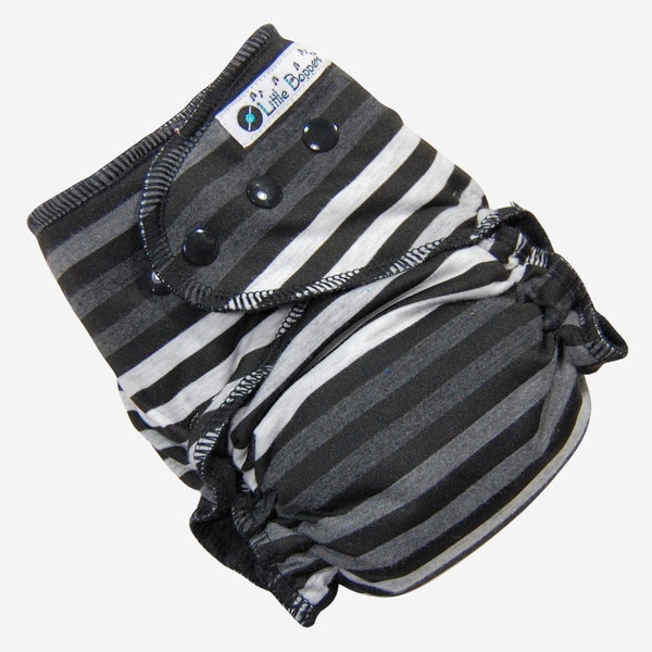 Ready to Ship Cloth Diaper -15-30 lbs - Black and Grey Vari Stripes - Medium / Long AI2 - Hidden-PUL - Striped